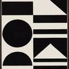 geometric black and white painting with circles, triangles, and horizontal bars in a modern minimalist style