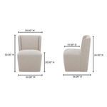 Front and side dimension diagram for Cormac rolling dining chair with width, height, and depth measurements