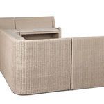 Side connection between two banquette sections emphasizing smooth rattan finish and cushion alignment