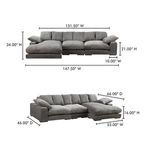 Plunge slipper chair with detailed dimensions for width, height, and depth in front and angled views