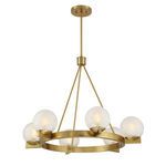 Angled view of chandelier highlighting arm connections to frosted glass spheres