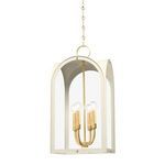 Soft sand finish pendant lantern with arched metal frame and four vintage gold leaf globe candle lights