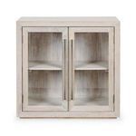 Front view of Bradley oak wood cabinet showing symmetrical glass doors and metal handles