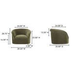 Thora Lounge Chair front and side dimensions with measurements shown on olive green fabric silhouette