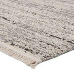 Close-up of textured cut and looped pile surface and cream fringe on the rug corner