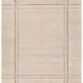 Hand-tufted rectangular rug with cream background and gray geometric trellis stripes, short gray fringe edges