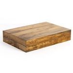 Close-up of black spotted dice and dice box compartment with wood grain background