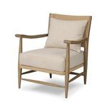 Godfrey Chair angled view showing curved oak armrests and side profile of cushions