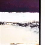 Close-up of Ocean Road Framed Art focusing on purple and black abstract brushstrokes with wood frame edge