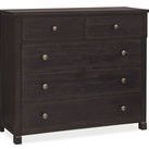 Driftwood Five-Drawer Chest in Burnt Timber finish with five brass knobs and visible wood grain texture