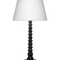 Table lamp with a turned mango wood base in dark finish topped with a tapered white linen slub shade