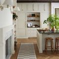 Narrow runner version of Bradley Ivory Grey Rug placed in a modern kitchen with cream cabinetry