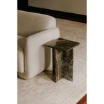 Blair Accent Table styled next to beige upholstered sofa on light patterned rug