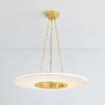 Prattsburgh chandelier illuminated, showing glowing pleated shade texture