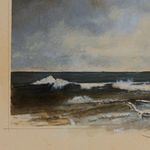 Close-up detail of ocean waves and cloudy sky in the painting showing dry brush texture