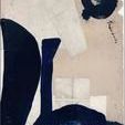 Abstract painting with bold deep blue strokes over a beige background, depicting layered geometric shapes