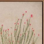 Close-up of Ocotillo painting highlighting red flowers and textured green stems on beige background