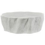 White matte coffee table shaped like a natural tree trunk with deep textured grains and irregular edges