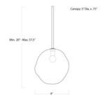 Technical drawing showing dimensions of molten pendant with 9-inch width and adjustable drop from 20 to 57.5 inches