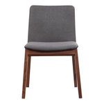 Straight-on front view of single Deco Dining Chair with gray upholstery and walnut legs.
