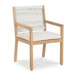 Three-quarter front angle showing chair armrests and side teak wood frame