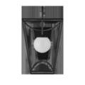 Front view with unlit opaque white glass globe contrasting with black metal cage and wall mount