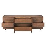 Front view with all drawers fully extended revealing smooth interior wood construction