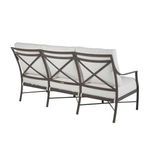 Rear angle of sofa emphasizing X-pattern back frame and cushion alignment