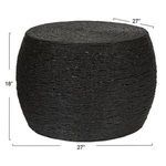 Wide black accent table with 27 inch diameter and 18 inch height dimensions indicated