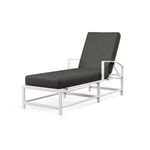Bristol Chaise outdoor lounger with white aluminum frame, black cushion, gently curved X back and seat, straight channel l...