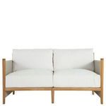 Front view showing clean lines and white cushions of teak framed loveseat with grey rope sides
