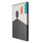 Side angle view of left panel showing black circle and dark geometric shapes with visible canvas texture and frame depth