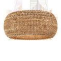Boucle Chandelier with looping natural rattan curls wrapped around beige wrought iron frame hanging