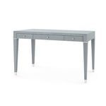 Claudette Desk with washed lacquered linen finish, modern structured form, three front drawers, tapered legs with white me...