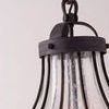 Close-up of pendant top showing black metal hook, frame detail, and seeded glass texture