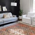 Layla Ocean rug in living room with modern gray sofa and white armchair, highlighting the rug's faded patina