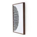 Wrapped walnut frame corner exhibiting wood grain lines and light reflection