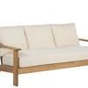 Ashland Teak Sofa frontal angle with natural teak finish and cream cushions
