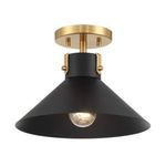 1-light semi-flush ceiling light with matte black conical metal shade and natural brass round canopy