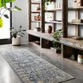 Narrow runner version of Teagan Denim Pebble rug styled by rustic wooden shelving and concrete floor
