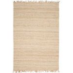 Rectangular jute rug with natural cream color and fringed edges, featuring a no-pile woven texture