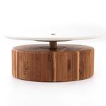 Front view of coffee table highlighting floating effect of marble top above teak base