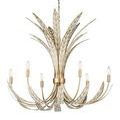 White and gold chandelier from front with six curved arms extended, chain hanging upward