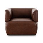 Pacey Swivel Chair with rounded arms, smooth mahogany top-grain leather upholstery, and 360-degree swivel base