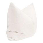 side angle view highlighting the pillow's squared corners and textured boucle fabric