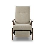 Jarvis Recliner with light heathered recycled olefin fabric and dark solid wood frame with curved paddle arms and two butt...