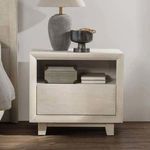 Reece Nightstand in bedroom arrangement beside bed with lamp and decor, showing scale and styling