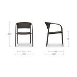 Outdoor dining chair front and side with dimensional measurements superimposed on a white background