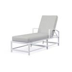 Bristol Chaise outdoor lounger with curved X back and seat, gray cushions, white aluminum frame, straight channel legs