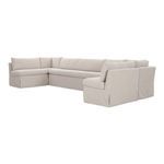 Three-quarter side angle highlighting slipcover texture and cushion depth on modular banquette